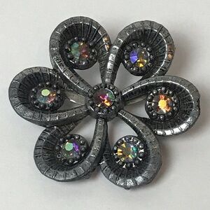 Rainbow Rhinestone Silver Tone Flower Brooch Pin